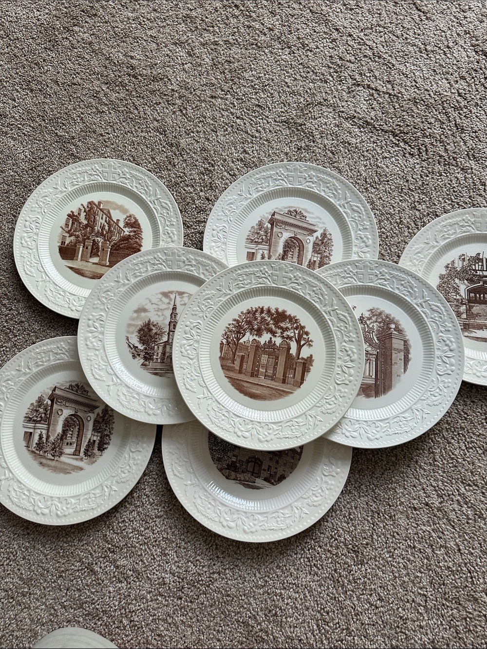 8 vintage 10.5-inch Wedgwood plates Brown University campus scenes in brown.
